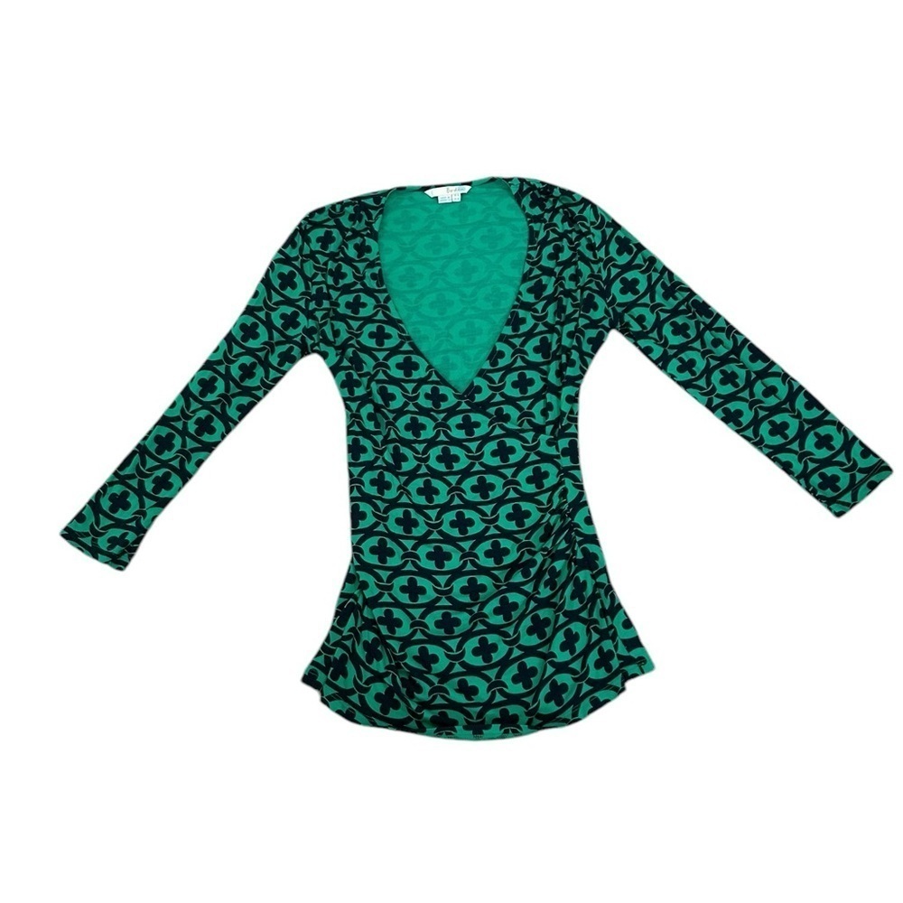Boden Green & Black Print Jersey Faux Wrap Blouse Waist Ruching Womens Sz US 4